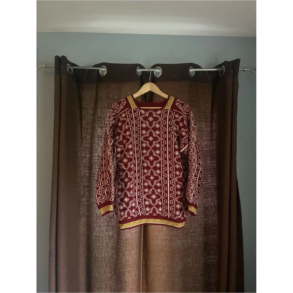 Viking Strikk Maroon Nordic Knit Sweater with Cream & Yellow Accents